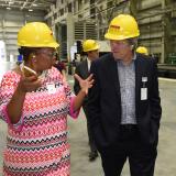 Congressman DeSaulnier at factory wearing hard hat